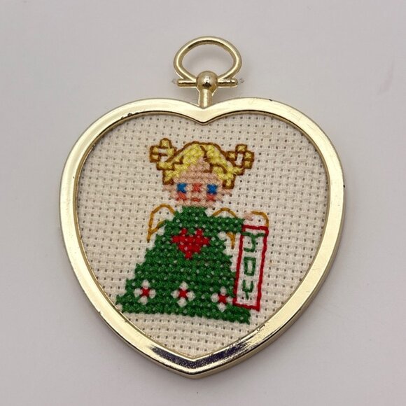 Vintage Cross-Stitch Angel Christmas Joy Ornament Heart Shaped Handmade Complete - Picture 5 of 6